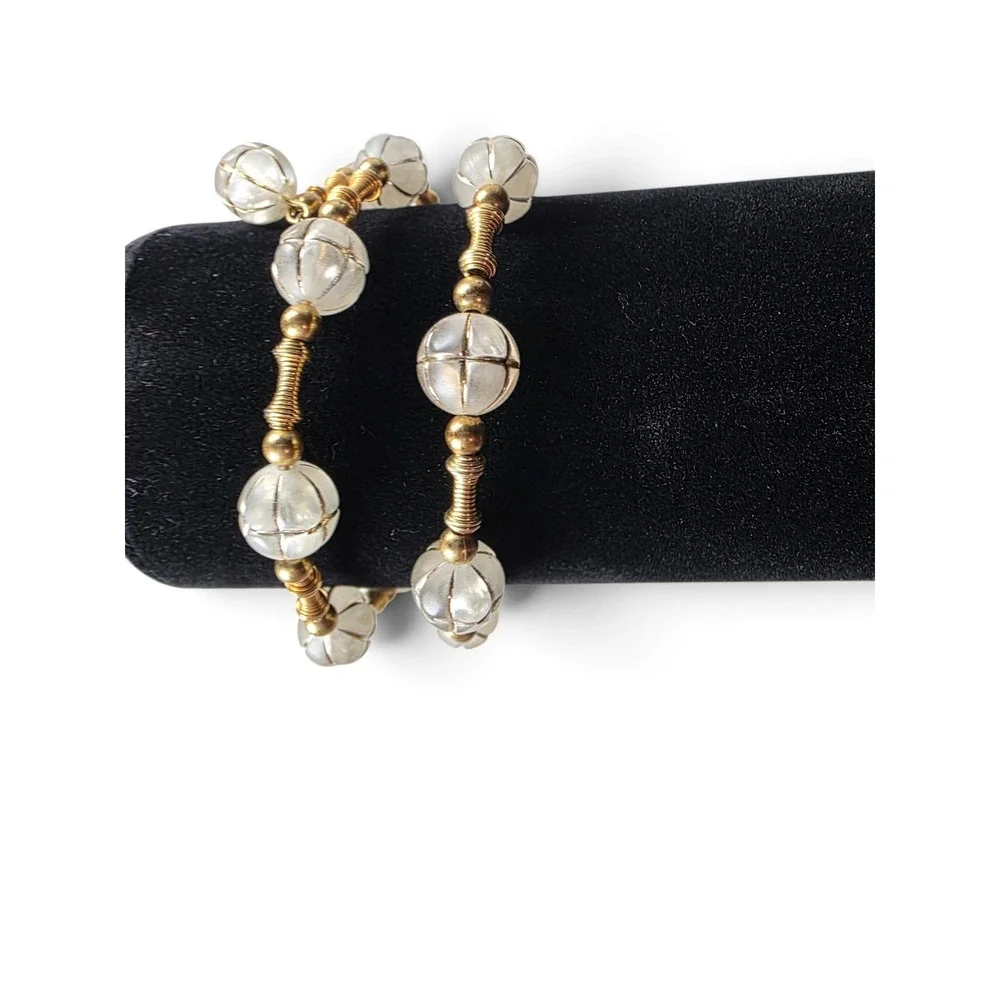 Vintage Clear Melon Cut Lucite Multi Strand Coil Wrap Bracelet Gold Tone Retro